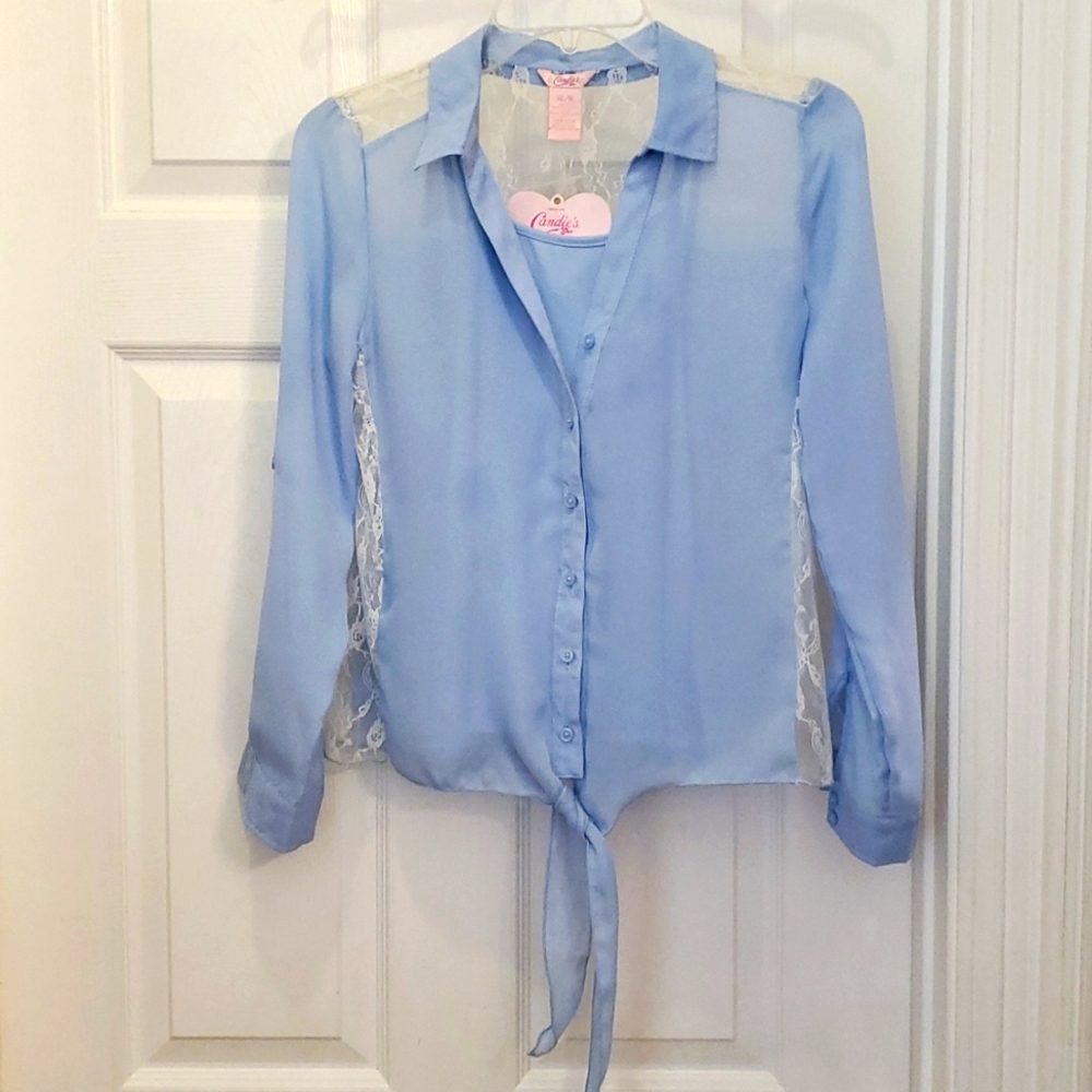 Candie's Girl Lace Detail Button Tie Front Top